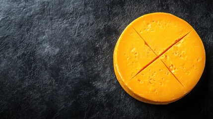Yellow cheddar cheese wheel on dark surface with textured background ideal for food-related advertising or culinary promotions