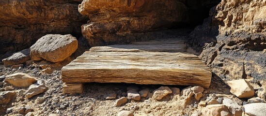 Weathered wooden step from desert wood in southwest landscape with rocky terrain and empty space for text, natural earthy tones, high-angle view.