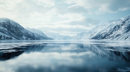 Serene winter landscape with an icy lake and snow-covered mountains under a dramatic cloudy sky