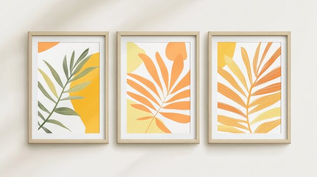Elegant white wooden frames displaying three gender-neutral 8x12 botanical posters in soft green and warm orange tones against a light beige background.