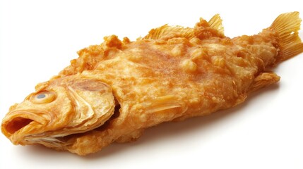Crispy Golden Beer Battered Fish on Plain White Surface with Detailed Texture and Color Contrast
