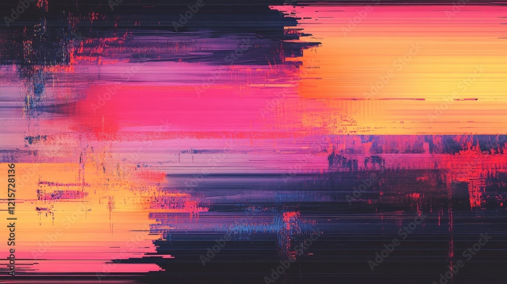 Wall mural Vibrant abstract digital distortion art showcasing colorful electronic glitches in shades of pink, orange, and blue against a dark background