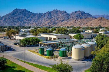 Fototapeta premium Aerial View of Industrial Facility Surrounded by Desert Mountains with Blue Sky and Green Storage Tanks Highlighting Energy Production and Natural Resources Management