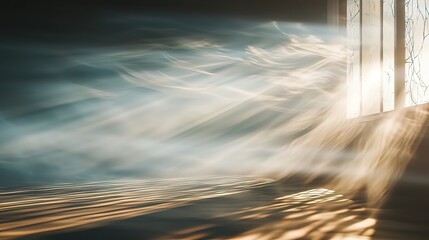 Sunbeams stream through a window, illuminating dust motes in a dark room.