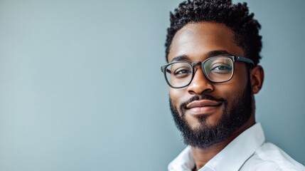 Fototapeta premium Diverse Professional Portrait Against Soft Blue Background with Copyspace for Corporate Branding and Inclusion Messaging in Glasses and Beard