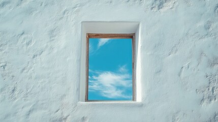 Bright blue sky and fluffy white clouds framed by a rustic wooden window on a textured white wall, creating a serene outdoor view.