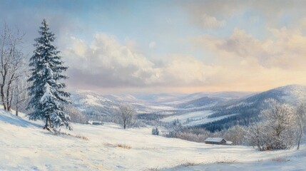 Serene winter landscape in the mountains with snow-covered hills and a peaceful valley at sunrise
