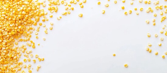 Yellow corn kernels and boiled corncobs on a clean white surface with ample space for text or graphic design elements