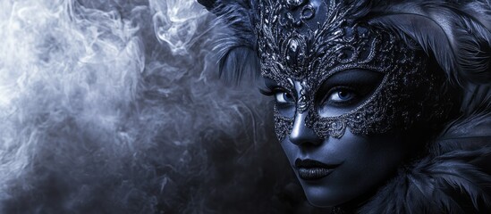 Majestic Masquerade Portrait in Dark Blue and Silver Tones with Ethereal Atmosphere Ideal for Enchanting Carnival and Royal Affair Concepts