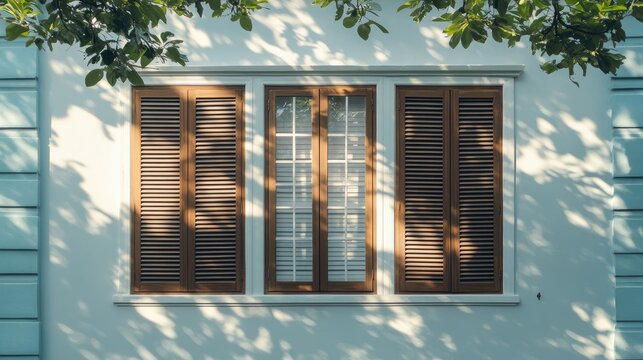 Charming vintage window with wooden shutters and sunlight filtering through old building facade - Powered by Adobe
