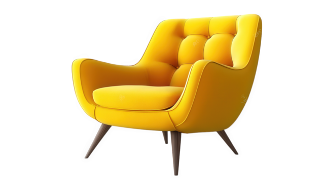 stylish. modern yellow armchair with a comfortable design. showcasing a rounded shape and tufted upholstery it is supported by slender wooden legs. making it an appealing piece for contemporary interi