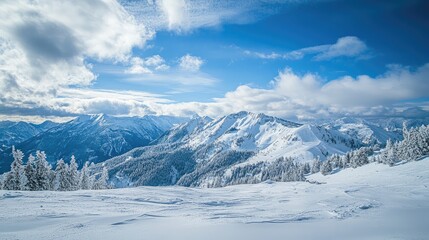 Snowy mountain landscape under a clear blue sky showcasing the beauty of winter with majestic peaks and frosted trees in a serene environment.