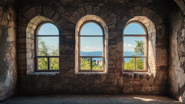 Rustic stone wall with three arched windows offering scenic views of nature and distant landscapes in a historic castle interior.