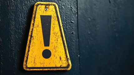 Yellow caution sign featuring an exclamation mark on a black textured background highlighting safety and alertness themes in design