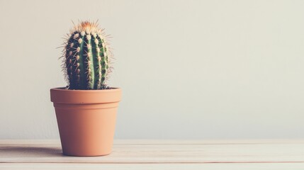 Bright Modern Workspace Featuring a White Wooden Desk with a Terracotta Potted Cactus in the Corner on a Light Neutral Surface