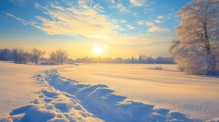 Serene winter landscape featuring snow-covered fields under a vibrant sky with the sun rising on a peaceful morning scene