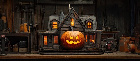 Carved gourd shaped like a haunted house with glowing orange pumpkin at auto repair shop setting featuring warm lighting and rustic tools in background