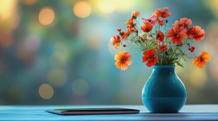Vibrant orange flowers in a turquoise vase on a soft focus pastel background with a tablet resting on a light wooden surface, perfect for corporate themes.