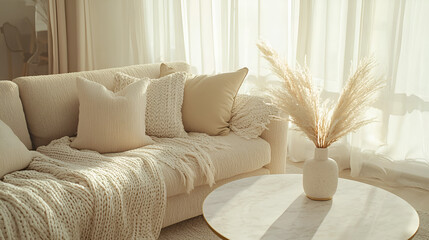 Cozy living room with beige sofa, fluffy pillows, and pampas grass in a vase. Sunlight streams through sheer curtains.