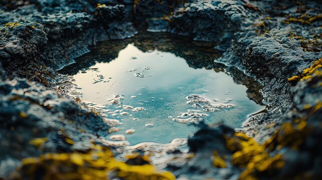 Tranquil tide pool reflecting sky, surrounded by dark rocks and yellow-green algae.