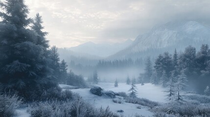 Fototapeta premium Serene winter landscape with frosted trees, misty mountains, and fog enveloping a tranquil snowy scene.
