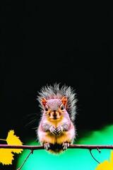 Fototapeta premium Playful Portrait of a Cute Squirrel with a Fluffy Bushy Tail Posing on a Branch Against a Vibrant Background