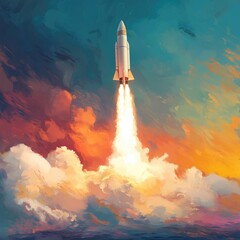 Naklejka premium Rocket Launch with Vibrant Sky Explosions Capturing the Essence of Space Exploration and Adventure in Dynamic Art Style