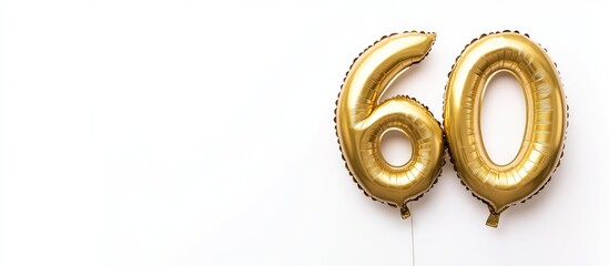 60th Anniversary Gold Foil Balloon on White Background with Copyspace for Text Celebratory Decoration for Milestone Birthday Event