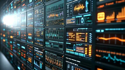 Display board showing dynamic data visualization in a modern tech facility - Powered by Adobe