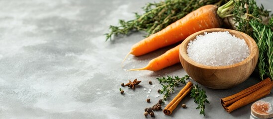 Carrot thyme and cinnamon bath salts with fresh ingredients on gray stone background spa and body care concept for wellness and relaxation