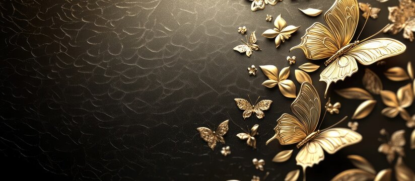 Elegant gold and bronze butterfly and floral design on textured black background with ample empty space for personalized text elements. - Powered by Adobe