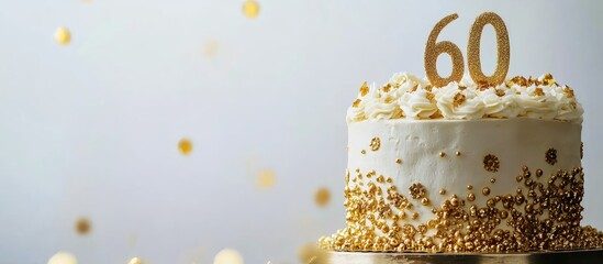 Elegant 60th Birthday Cake with Golden Decorations and Blank Space for Custom Text Celebration Theme