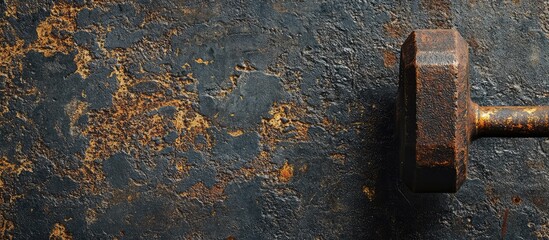 Close-Up of a Rusty Cast Iron Dumbbell on a Textured Dark Blue Background with Copy Space for Text