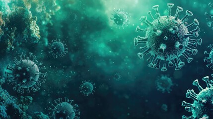 Vector illustration of glowing teal and green coronavirus particles in microscopic detail with dark background for vaccine awareness and healthcare concepts