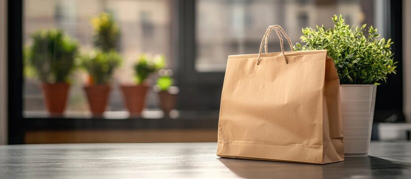 Home Delivery Service Concept with Empty Paper Bag and Cardboard Box on Porch Ideal for Online Shopping Promotions and Food Delivery Ads