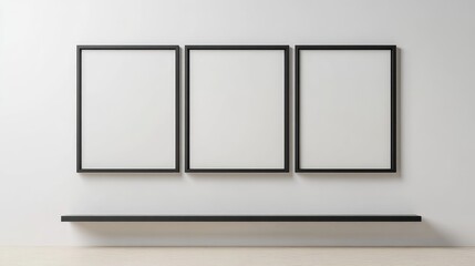 Horizontal mockup of three empty black frames on a minimalist white wall, featuring a sleek shelf below, ideal for showcasing artwork or photos.
