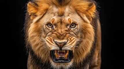 Fototapeta premium Majestic East African male lion with fierce expression showcasing strength and intensity against a black background with space for text.
