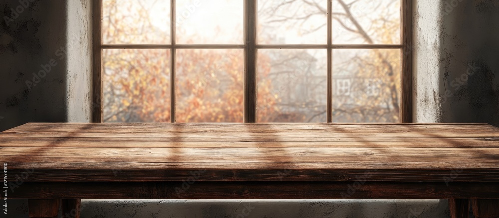 Wall mural wooden table with empty space and softly blurred window background ideal for product display or warm
