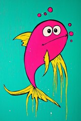 Whimsical Portrait of a Shimmering Goldfish with Flowing Fins Against a Bright Teal Background