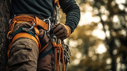 Ranger securing fall protection system on tree trunk with climbing gear and safety equipment in natural setting with empty space for text
