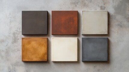 Fototapeta premium Natural organic olive color palette featuring warm clay, brown tones, creamy ivory, and grey in a flat lay geometric composition.