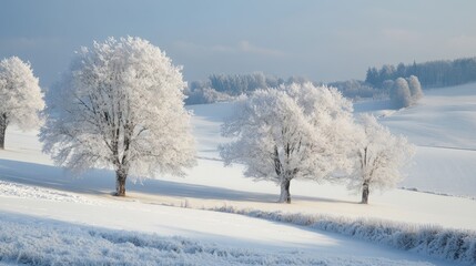 Obraz premium Serene winter landscape with snow-covered meadows and frosted trees on a clear day