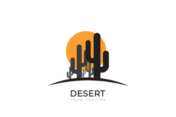 Simple desert logo design, desert logo with palm, cactus, sunset and retro colors