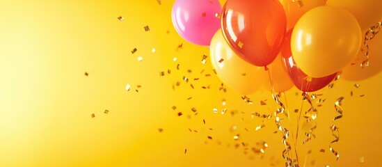 90th Birthday Celebration Festive Balloons and Confetti on Yellow Background with Copyspace for Custom Text and Messages