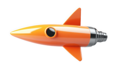 a stylized rocket in vibrant orange with sleek lines and a metallic base. symbolizing innovation and exploration its design suggests a playful yet futuristic aesthetic. often associated with technolog