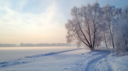 Fototapeta premium Serene winter landscape with frosted trees and a tranquil snowy path under a soft pastel sky.