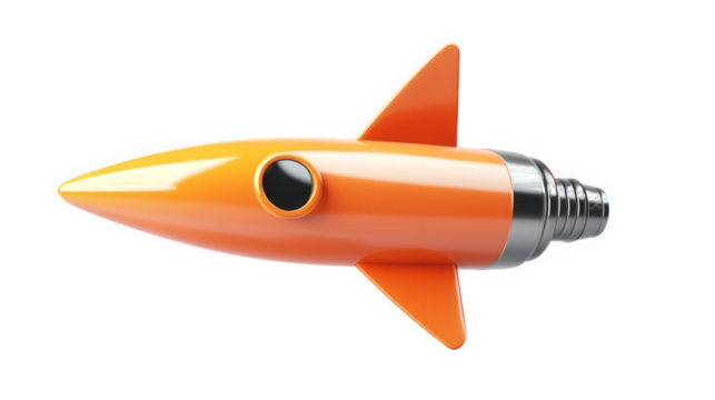 a stylized rocket in vibrant orange with sleek lines and a metallic base. symbolizing innovation and exploration its design suggests a playful yet futuristic aesthetic. often associated with technolog