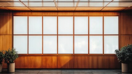 Minimalist Interior Design: A Modern Wooden Wall with a Large Multi-Paneled Window and Potted Plants