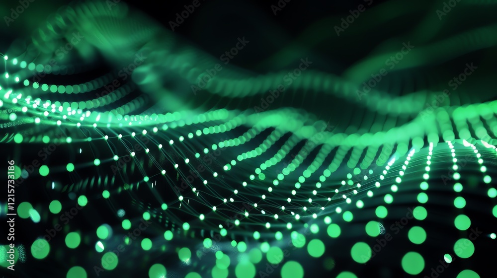 Sticker abstract glowing green wave. futuristic surface with bright blurred dots. modern technology or scien