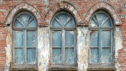 Obraz premium Vintage arched windows on weathered brick building showcasing historic architectural elements and rustic charm.